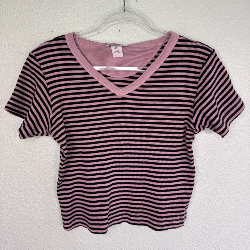 Vintage Hard Tail Top Women One Size Y2K Striped V Neck Shirt Stretchy Cotton